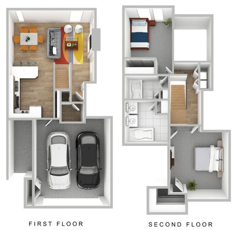 A diagram of a two-story apartment with a first and second floor.